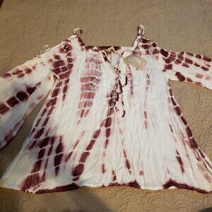 HYKU Tie Dye Cold Shoulder Belle Sleeve Top